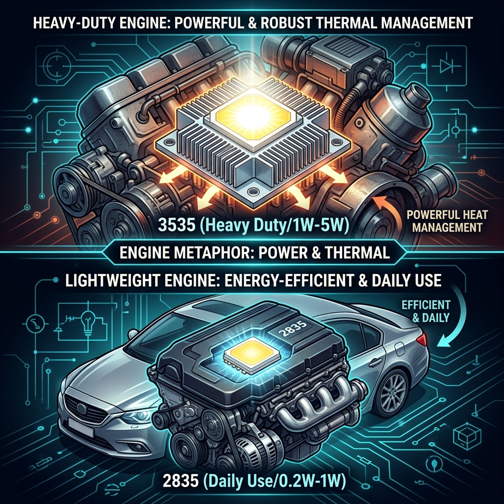 3535 LED与2835 LED功率及散热能力概念对比图:重型卡车发动机比喻3535,家用轿车发动机比喻2835,直观展示功率与散热差异。