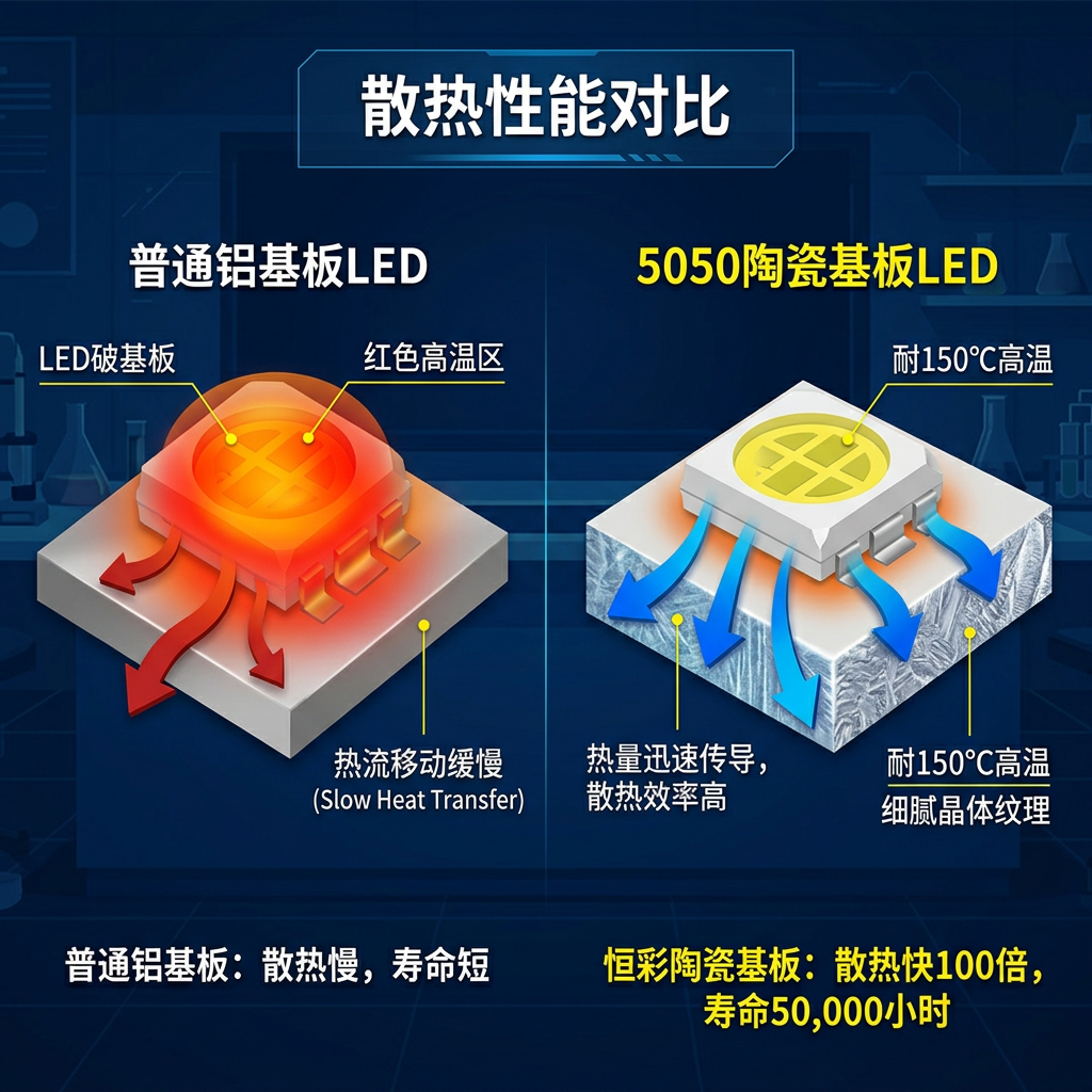 5050陶瓷基板LED散热性能对比图，清晰展示陶瓷基板比传统铝基板导热更快，有效延长灯珠寿命
