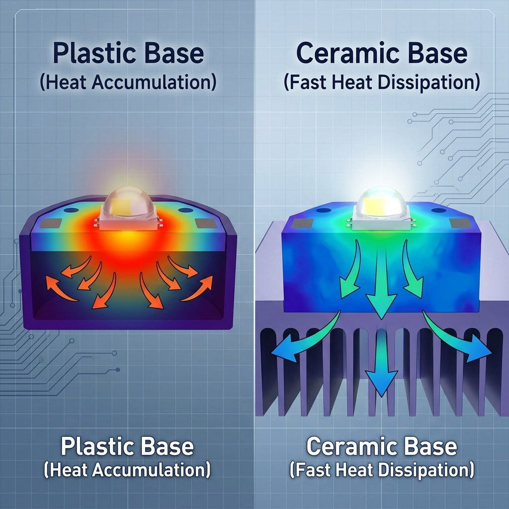 3535陶瓷底座与普通塑料底座散热对比图，显示陶瓷基板卓越的散热性能