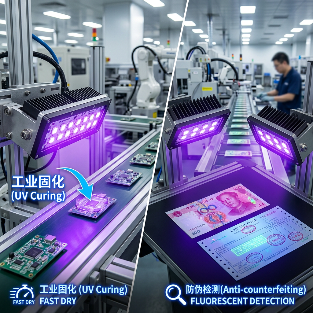 3535陶瓷紫光400NM在工业UV固化（瞬间干燥胶水）和钞票防伪检测（显示隐形水印）中的实际应用场景。
