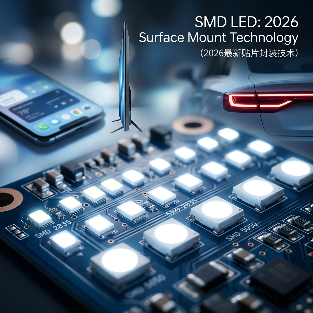 2026年最新贴片LED（SMD LED）技术应用场景，展示PCB板上发光的SMD灯珠，暗示在手机、电视、汽车中的广泛应用。