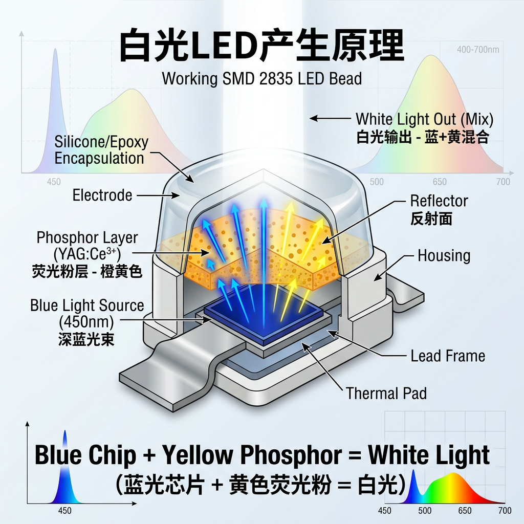 白光LED发光原理示意图:蓝色LED芯片激发黄色荧光粉,通过蓝光与黄光混合产生白光。