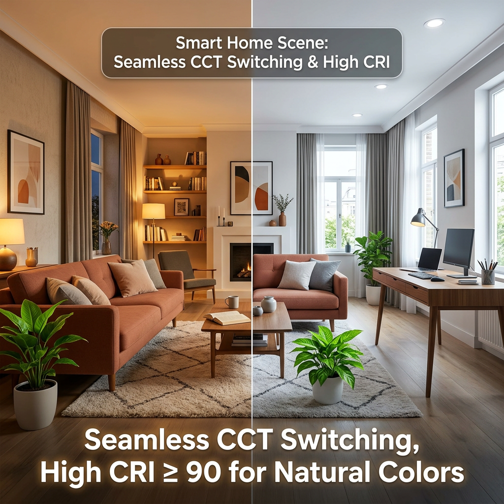 智能家居客厅场景分屏展示，左侧为2700K暖白光营造的温馨氛围，右侧为6500K正白光呈现的明亮高效环境，强调CRI≥90的高显色性和无缝调光技术。