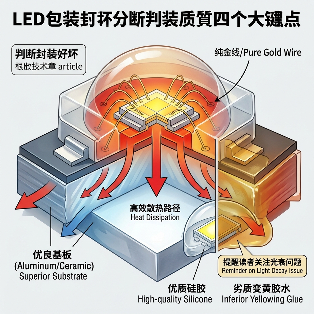 LED PCB封装内部结构剖面图,解析散热路径、金线连接与保护胶质量对寿命的影响。