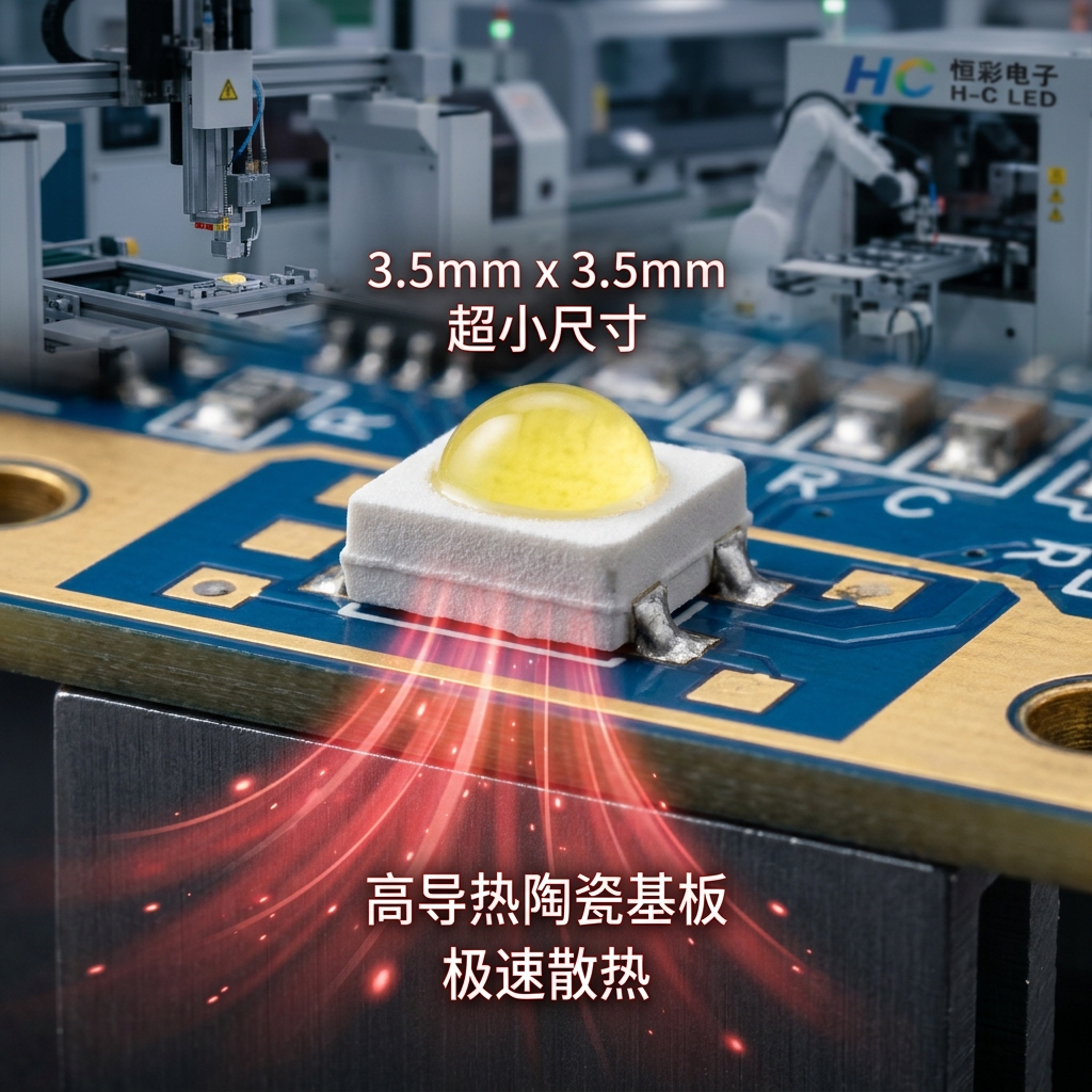 3535双色陶瓷红外灯珠正面精细结构，展示高导热陶瓷基板与热量传导过程