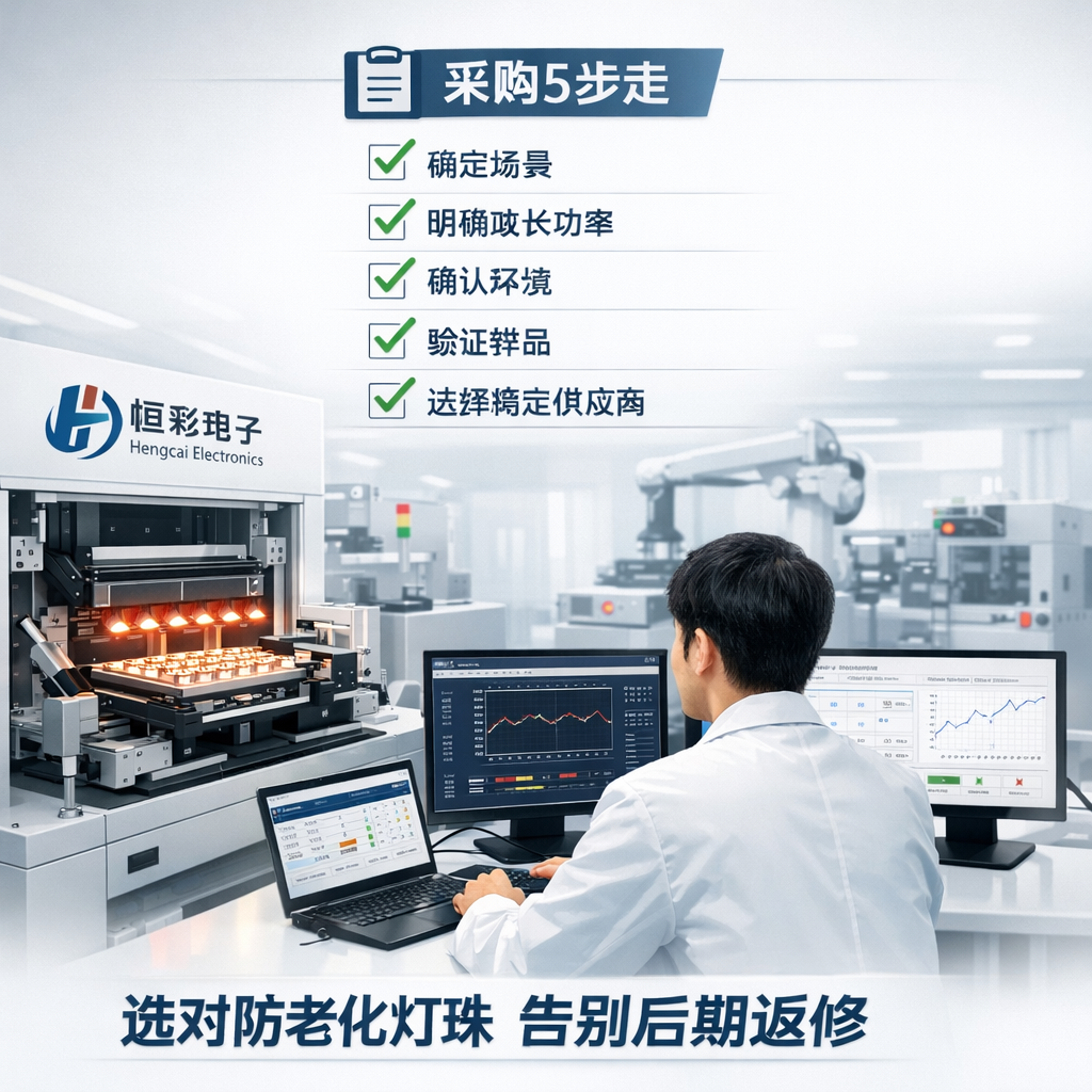 恒彩电子的采购决策与流程指南图，展示了实验室老化测试场景和“采购5步走”清单，强调了在专业供应商协助下，选对防老化红外灯珠的重要性，以避免后期返修。