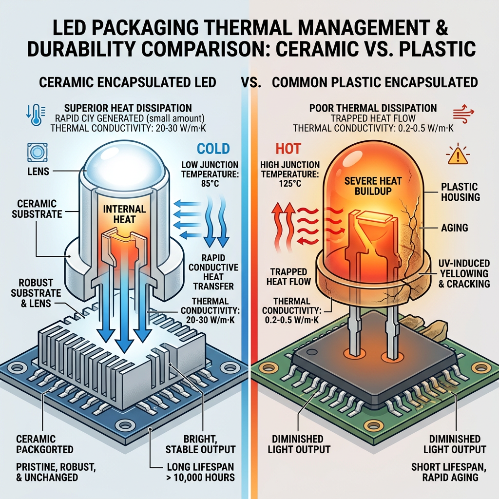 陶瓷封装与塑料封装散热与老化对比图：陶瓷导热快寿命长，塑料易老化