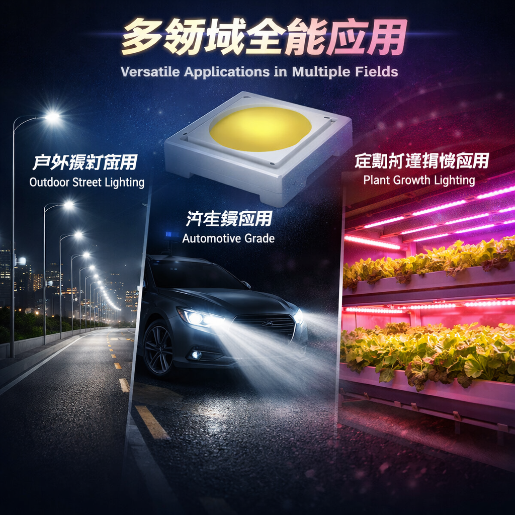 3535 LED灯珠的多领域应用场景合成图，包括明亮的户外路灯、强劲的汽车大灯以及定制光谱的植物生长灯。