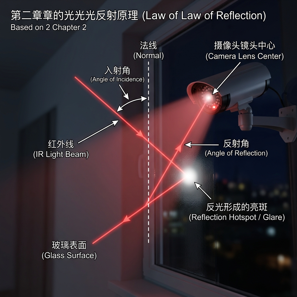 红外光线在玻璃表面反射回摄像头，形成亮斑的物理原理示意图。