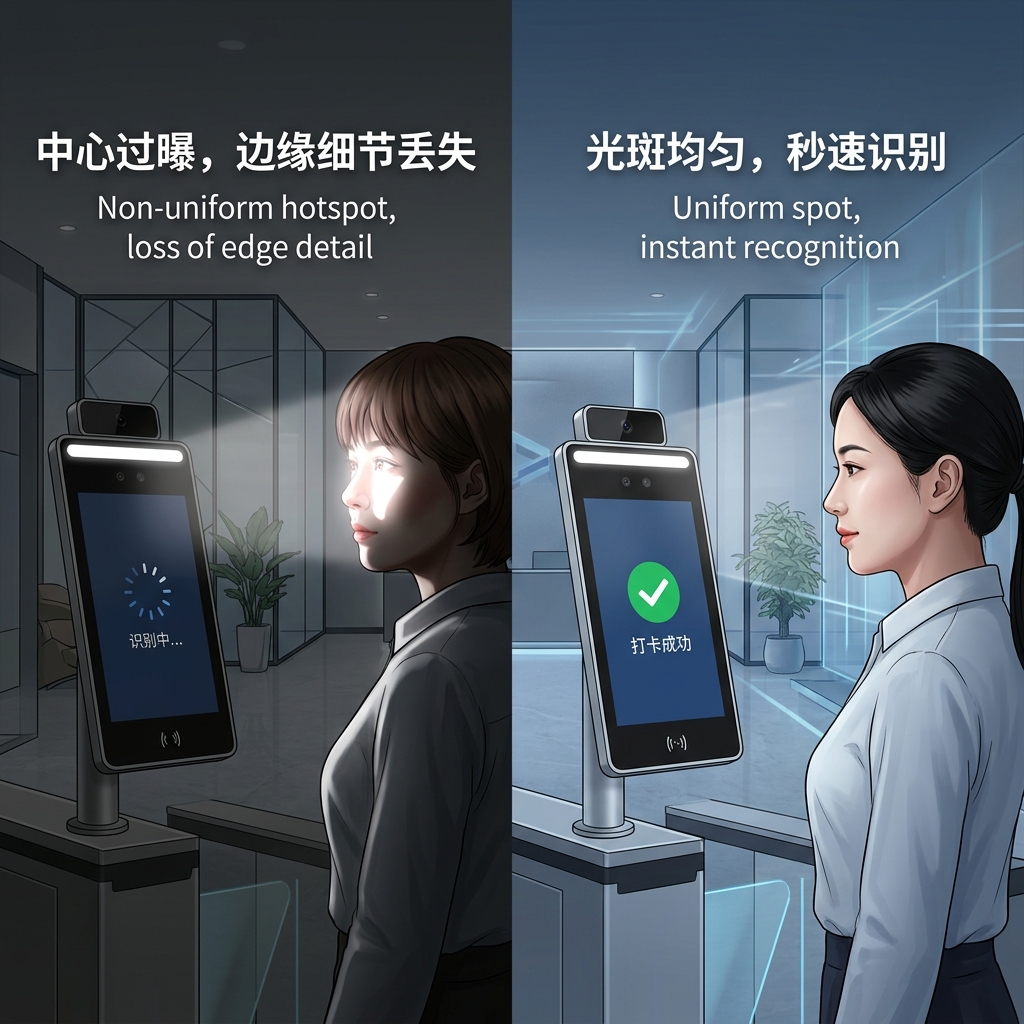 人脸识别考勤机红外补光均匀性对比:左侧中心过曝、边缘丢失导致识别慢,右侧均匀光斑实现秒速识别。