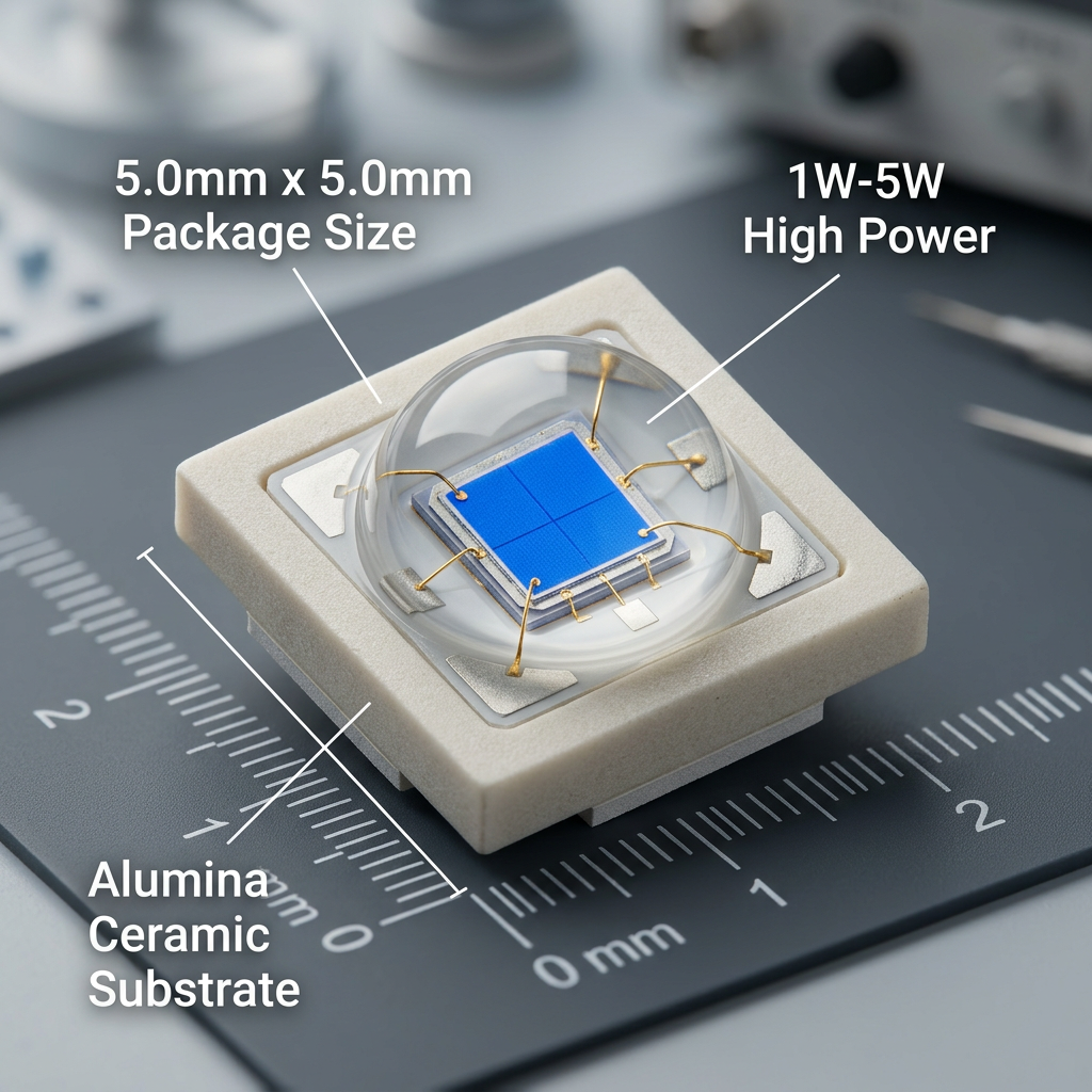 5050大功率陶瓷灯珠产品结构特写图：展示其5.0mm x 5.0mm封装尺寸，底部氧化铝陶瓷基板，以及1W-5W的单颗功率特性。