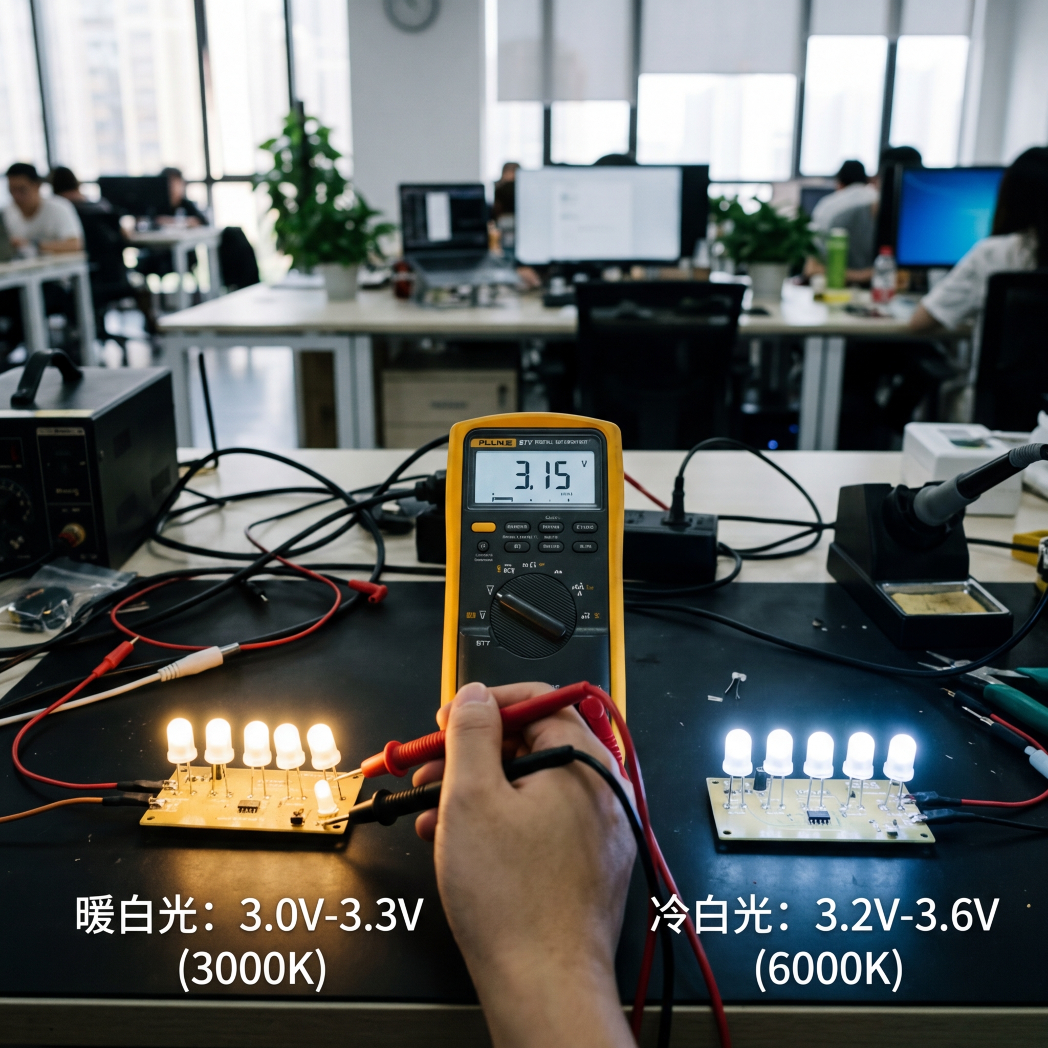 不同色温白光LED对比图：左侧暖白光3000K（3.0V-3.3V），右侧冷白光6000K（3.2V-3.6V），万用表显示电压3.15V，强调色温与电压关系