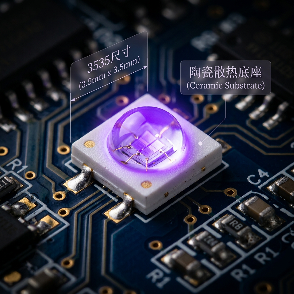 3535陶瓷紫光400NM LED灯珠高清特写，展示其3.5x3.5mm尺寸、白色陶瓷底座及400nm紫色光晕，背景为高科技电路板。