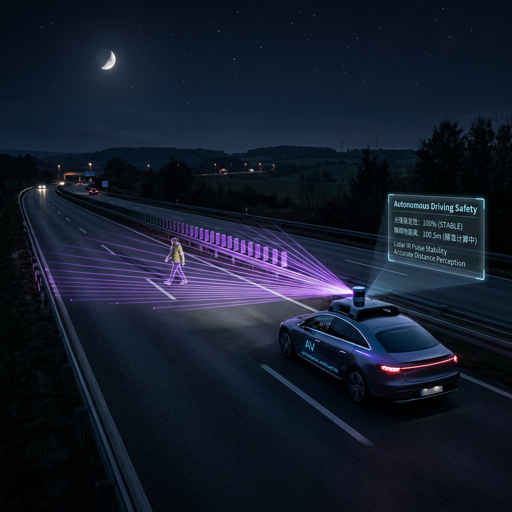 红外LED稳定光强技术在自动驾驶与激光雷达（LIDAR）中的应用场景，展示自动驾驶汽车在夜间通过稳定红外脉冲精准探测障碍物和行人，保障行车安全。