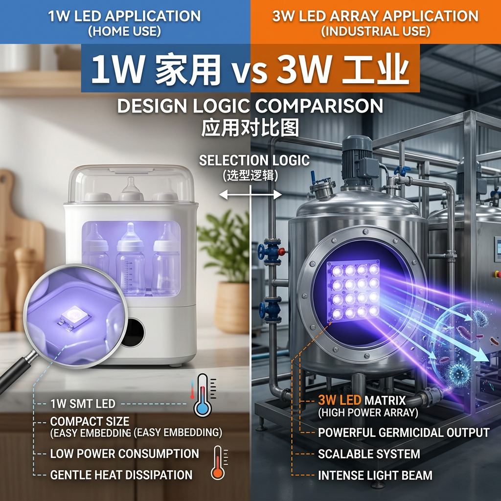 1W和3W紫外贴片应用对比，左侧为家用奶瓶消毒盒中的1W贴片，右侧为工业水处理设备中的3W贴片，展示不同功率的适用场景。