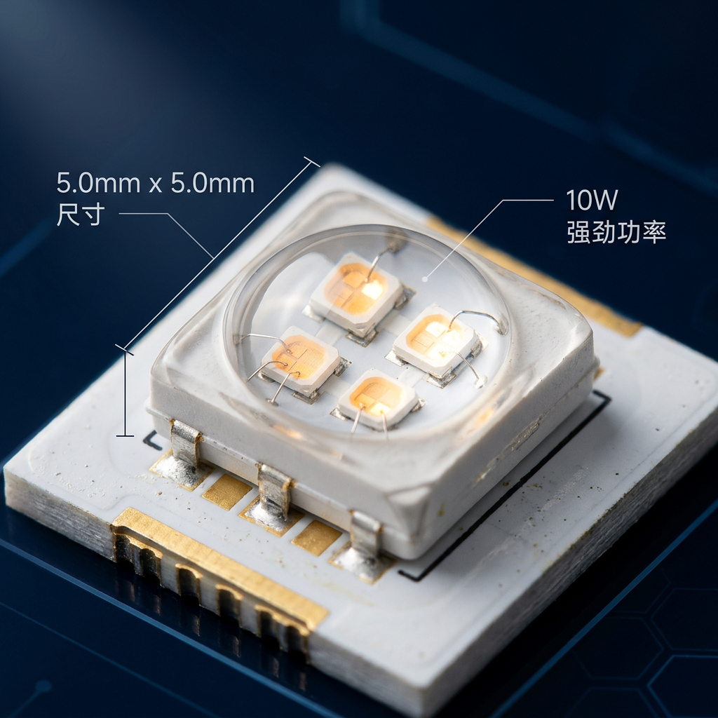 5050大功率10W四芯LED灯珠正面特写，清晰展示4个发光芯片及陶瓷基板
