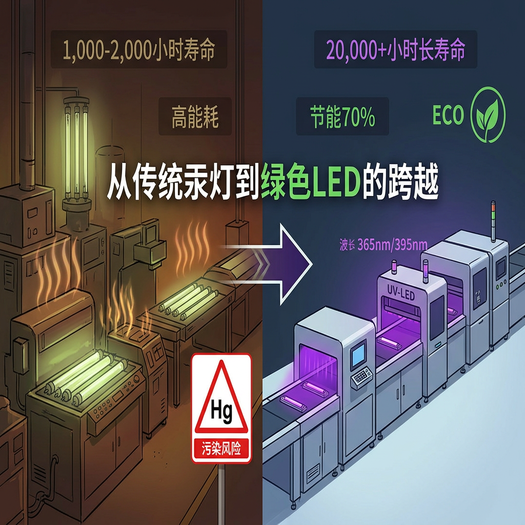 UV-A汞灯与UV-LED技术对比图：展示传统汞灯高能耗、短寿命和污染，以及UV-LED节能、长效和环保的优势，象征从旧技术到绿色智能生产的跨越。