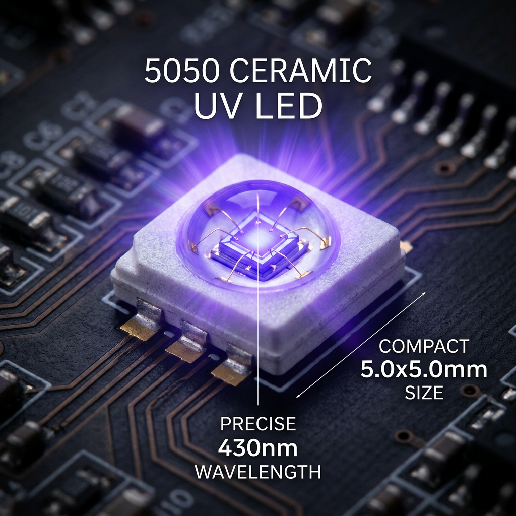 5050陶瓷UV紫光430nm灯珠高清特写，展示其5.0x5.0mm尺寸、陶瓷基板与精准430nm紫蓝色光芒。