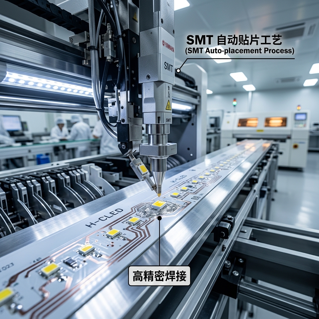 现代化SMT自动贴片机正在无尘车间内，将微小LED灯珠精准贴装到PCB电路板上，展示高精密生产工艺