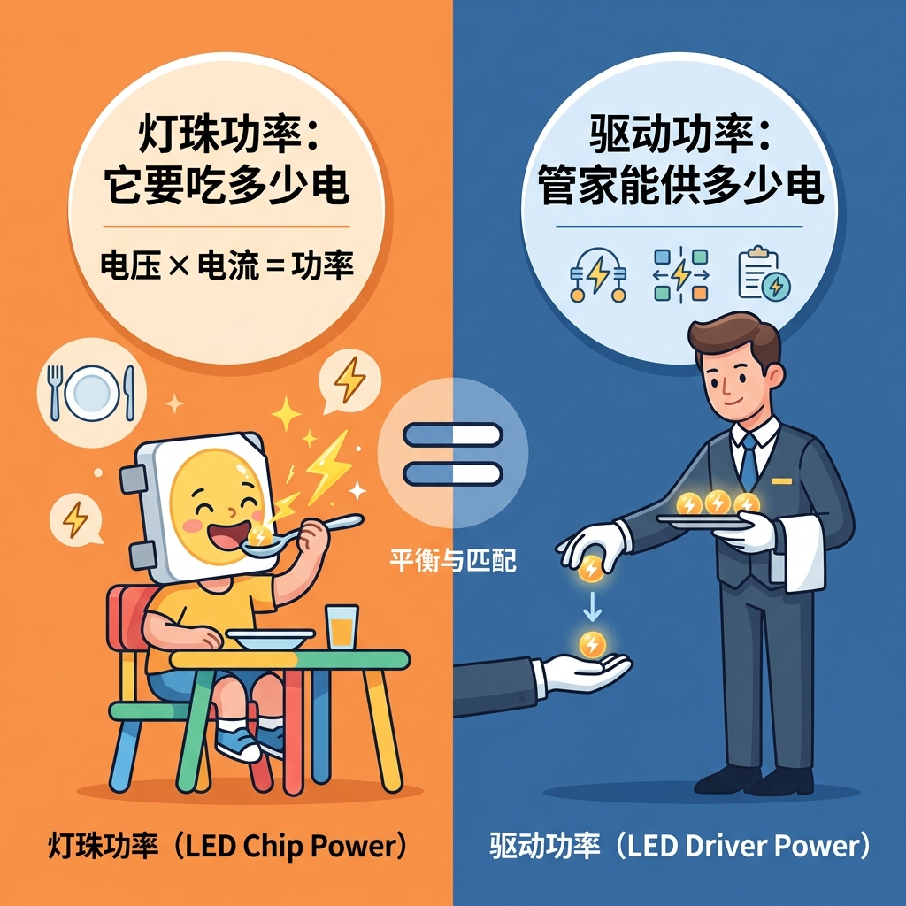 LED灯珠功率与驱动功率核心区别插画：拟人化灯珠（吃电小孩）与电源驱动（电源管家）的对比