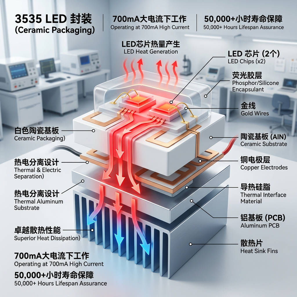 3535红外灯珠陶瓷封装散热剖面图，展示热量高效传导过程