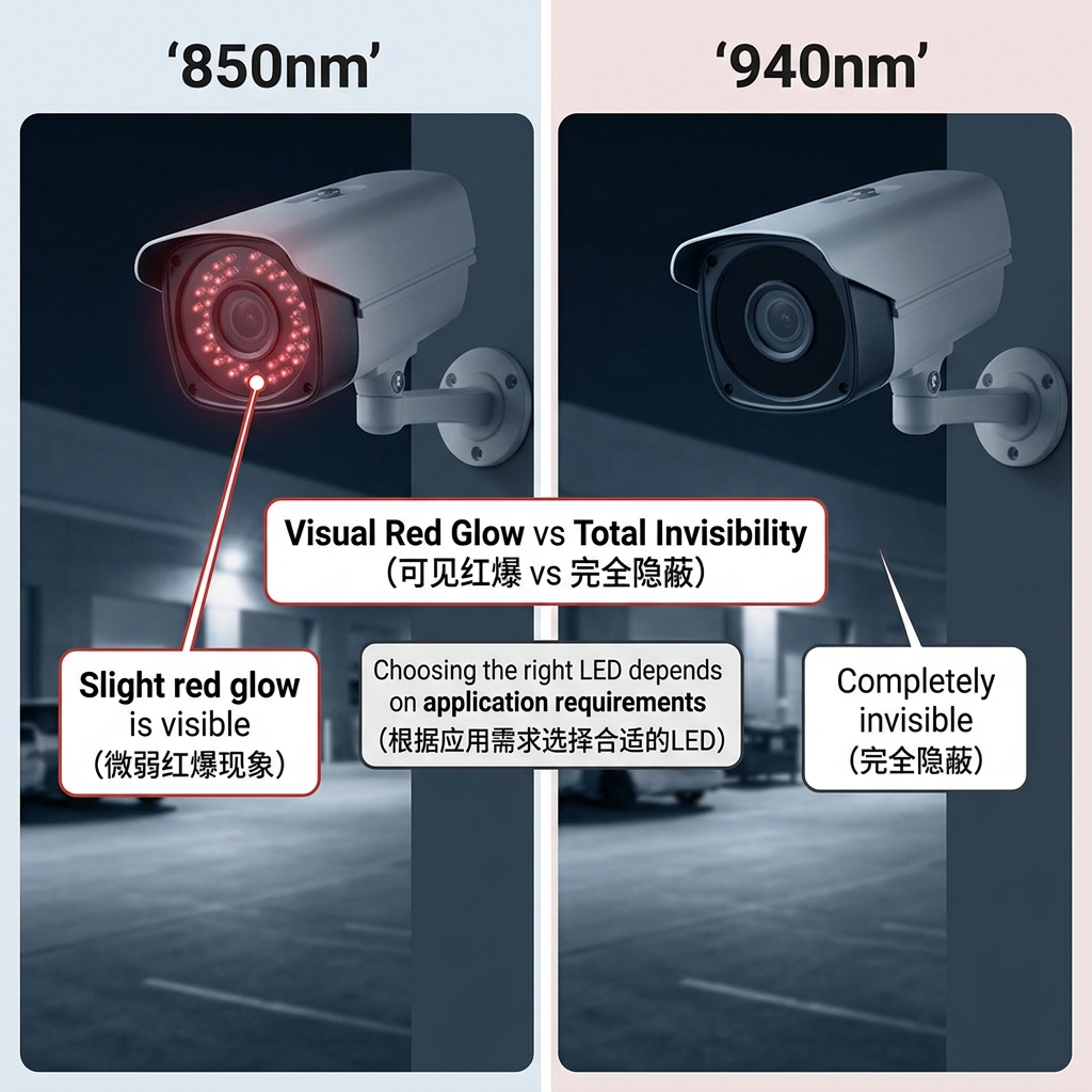 850nm与940nm红外灯珠夜视效果对比图：850nm有可见红爆但穿透力强，940nm完全隐蔽但适合近距离