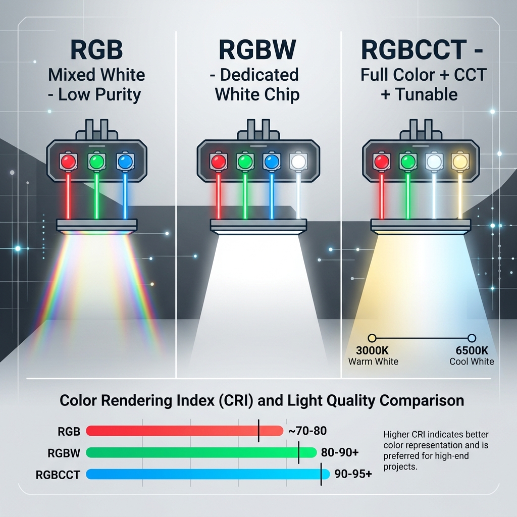彩光模块颜色分类全解析：单色、RGB、RGBW、RGBCCT与全彩模块区别深度解析