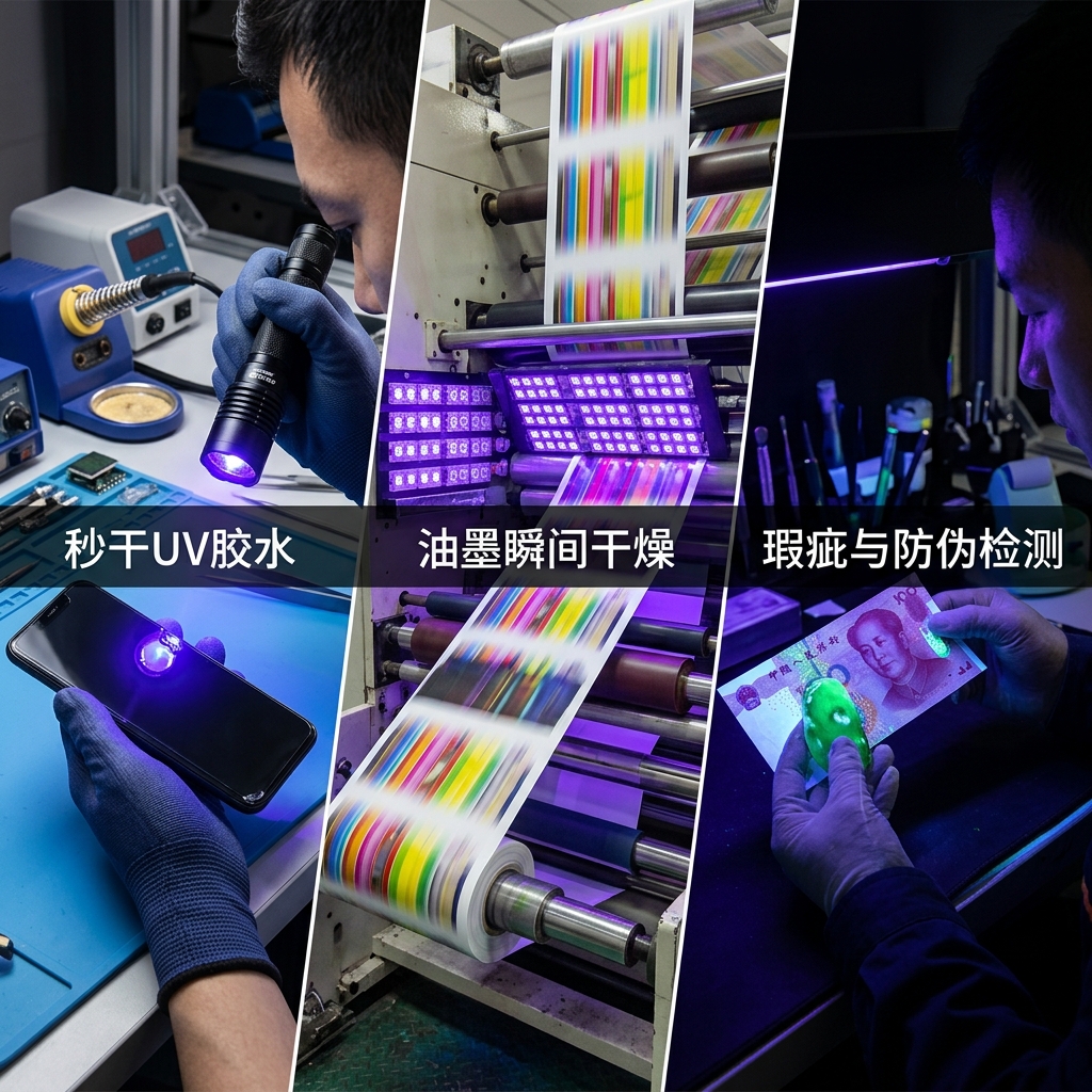 5050 UV LED灯珠在工业中的三大应用场景：技术人员使用紫光手电筒固化手机胶水，印刷机上UV LED灯阵瞬间干燥油墨，以及紫光下钞票或珠宝的荧光防伪检测。