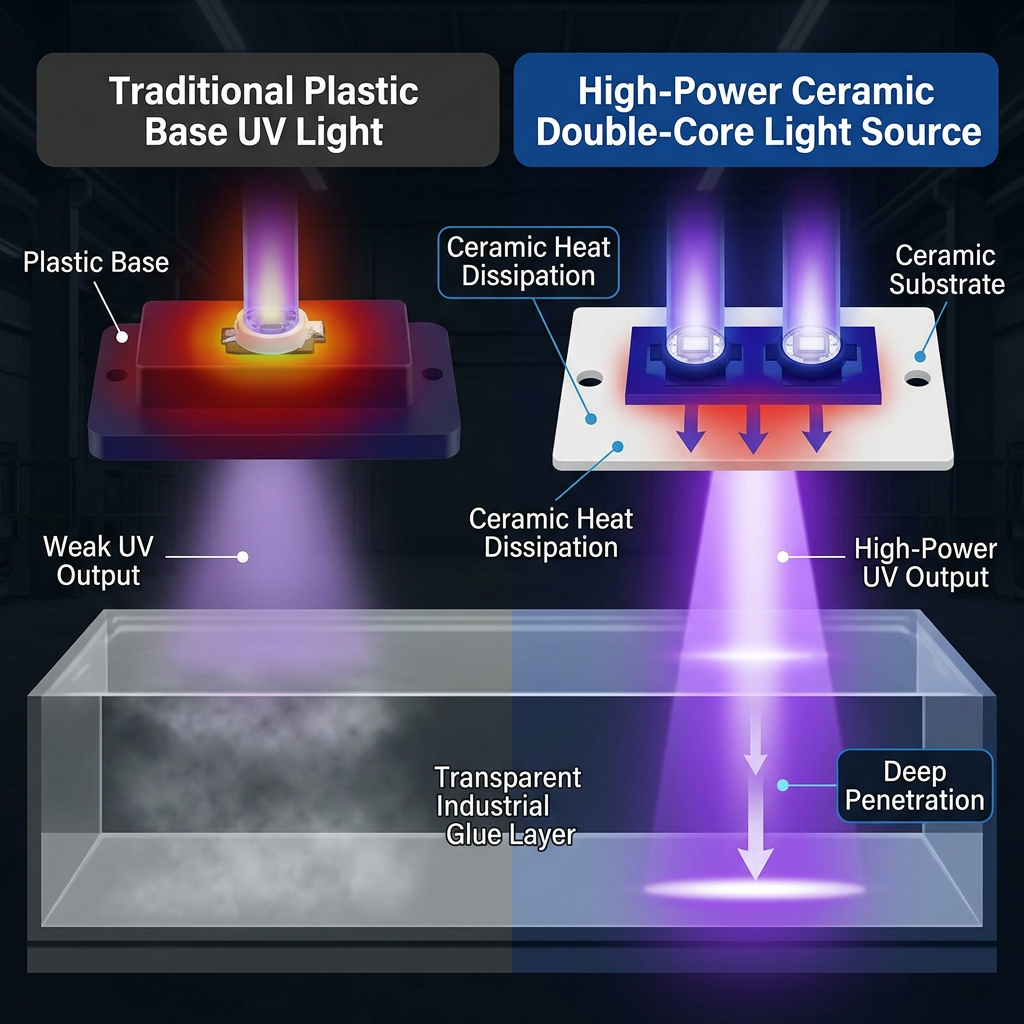 对比图显示传统UV灯（左）散热不良与大功率陶瓷双芯UV光源（右）高效散热，并演示395nm紫外线对工业胶水的深层均匀穿透固化能力