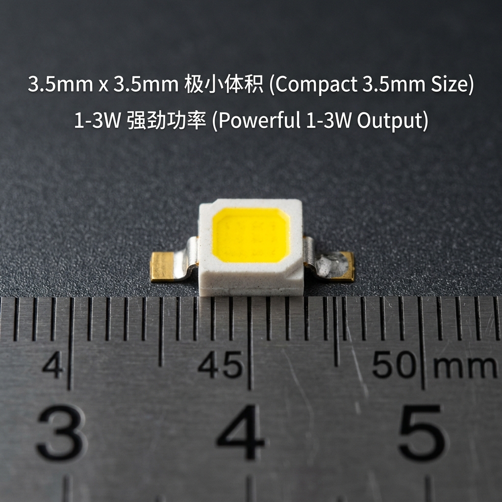 3535陶瓷1-3W大功率灯珠微距特写,展示其3.5mm尺寸、黄色发光区和陶瓷底座