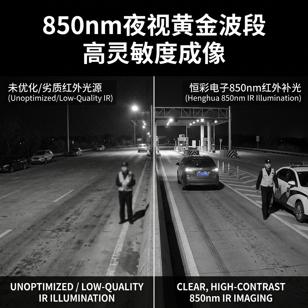 850nm红外补光在夜视监控中的成像效果对比，展示其提供清晰、高对比度影像的优势，适用于安防摄像头。