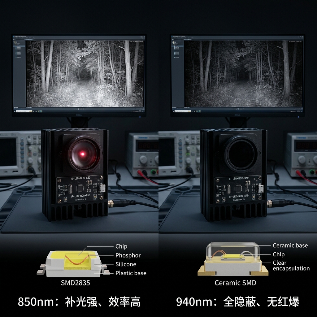 850nm与940nm防雾化红外LED灯珠在补光效果和隐蔽性上的对比,850nm补光强但有微红点,940nm全隐蔽无红爆