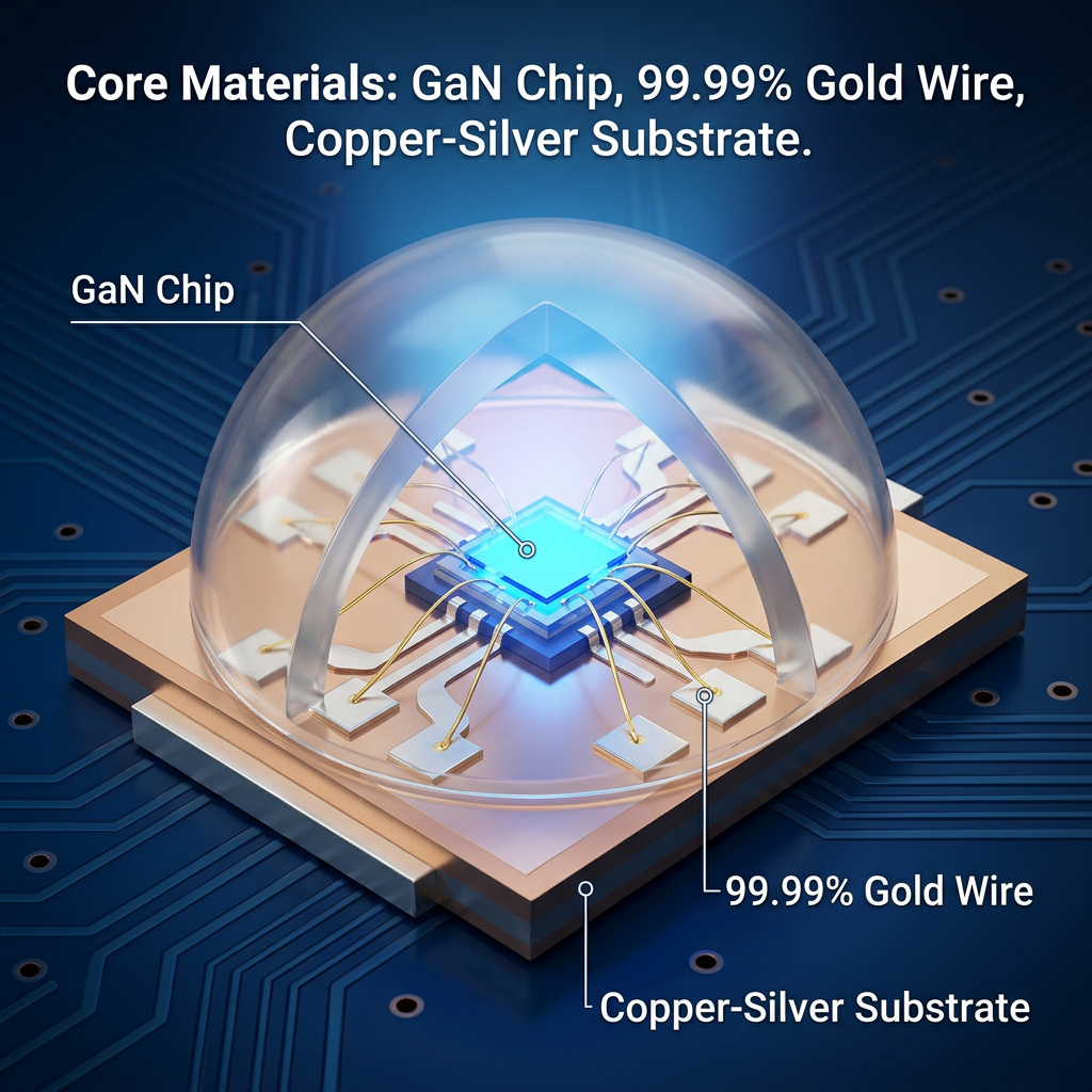 LED灯珠内部结构微距示意图，清晰展示了氮化镓发光芯片、99.99%纯金线、优质硅胶封装和铜镀银支架等核心材质。