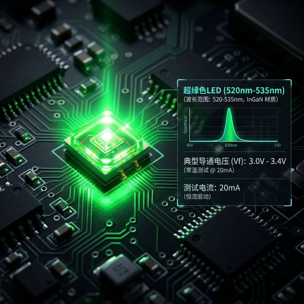 超绿色LED灯珠发光效果图，标注导通电压Vf 3.0V-3.4V和测试电流20mA
