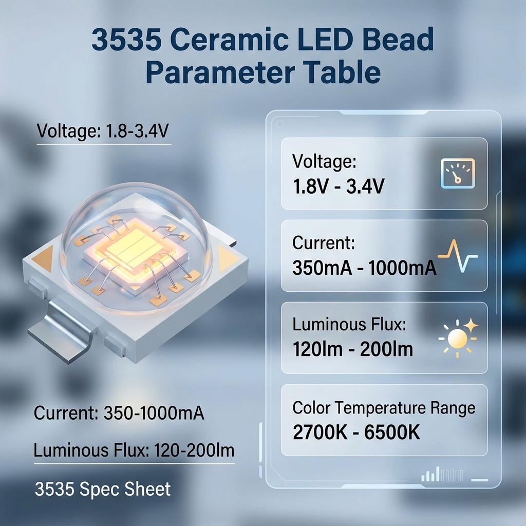 3535陶瓷灯珠参数信息图，直观展示驱动电压、电流、光通量及色温等核心数据