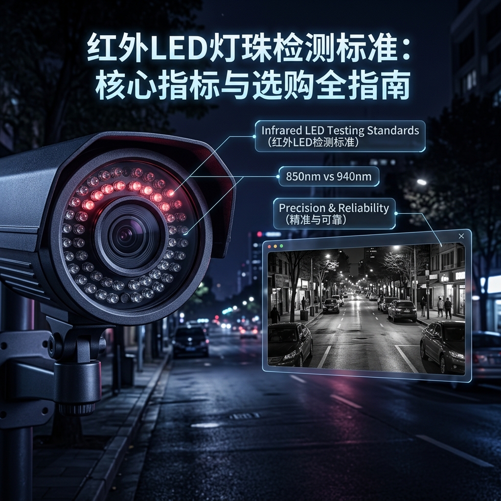安防监控摄像头特写,红外LED灯珠环绕,微弱红光与隐形红外光对比,背景为深夜街道夜视画面,标题:红外LED灯珠检测标准:核心指标与选购全指南