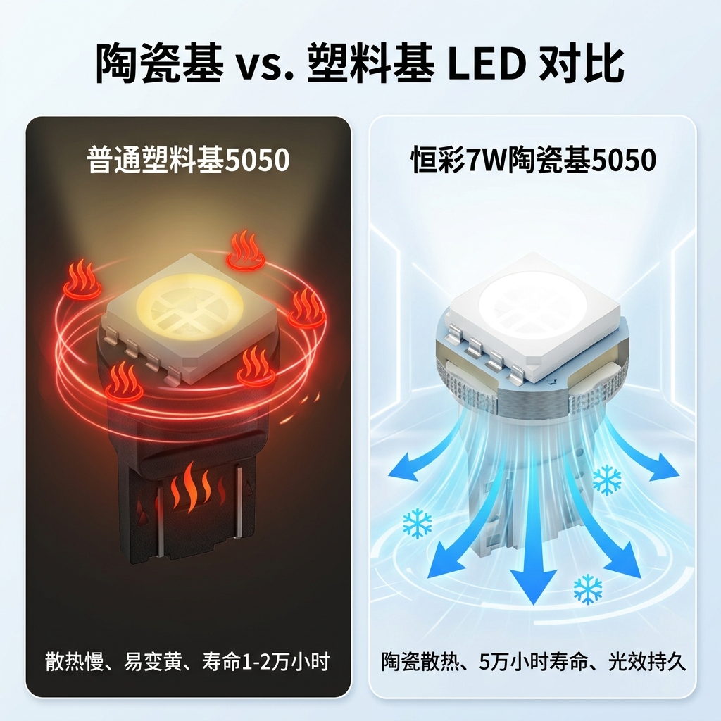 普通塑料基5050与恒彩7W陶瓷基5050 LED灯珠对比图，直观展示陶瓷基在散热、寿命和光效上的显著优势