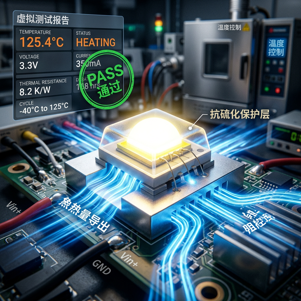 车规级LED灯珠在高温实验室进行魔鬼测试，展示其热阻控制和抗硫化内部结构，确保在极端温度下（-40°C至125°C）的可靠性