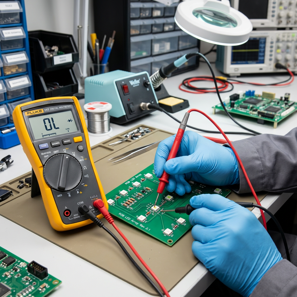 技术人员用万用表测量5050灯珠引脚，显示开路（OL），用于故障排查