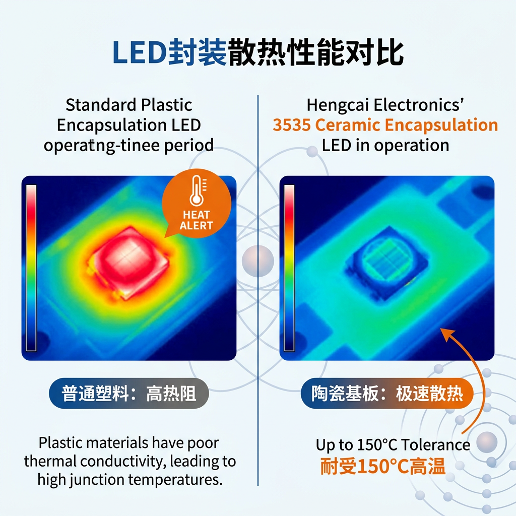 3535陶瓷封装LED与普通塑料封装LED散热性能对比图，显示陶瓷基板散热迅速、耐高温达150°C