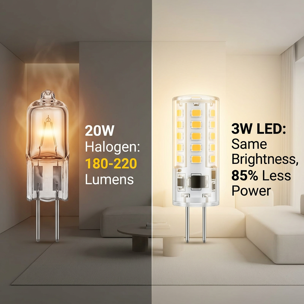 20W卤素灯与3WLED灯亮度对比图：左侧20W卤素灯发出暖黄光，右侧3WLED灯发出明亮白光，直观展现LED在相同亮度下更节能。
