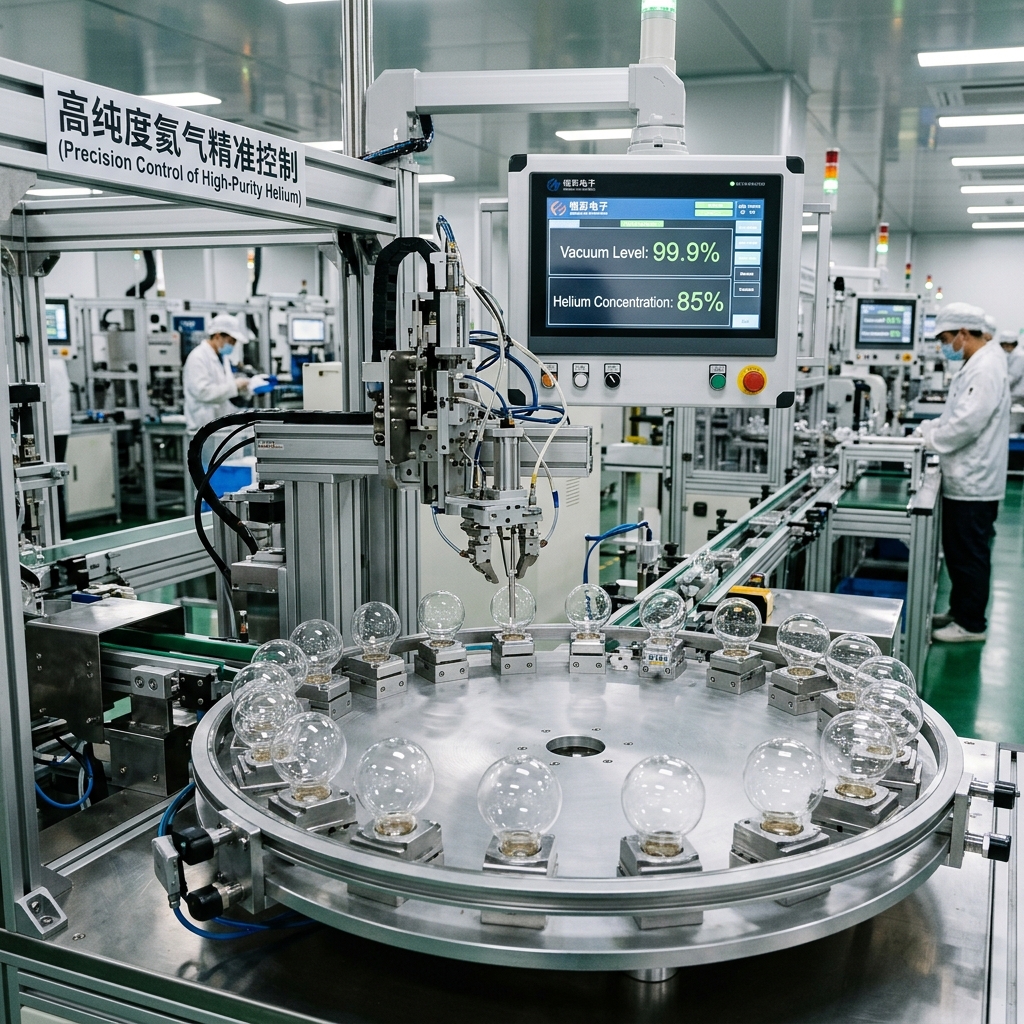 恒彩电子工厂高精度设备进行真空抽气与氦气填充，确保气体浓度与密封性
