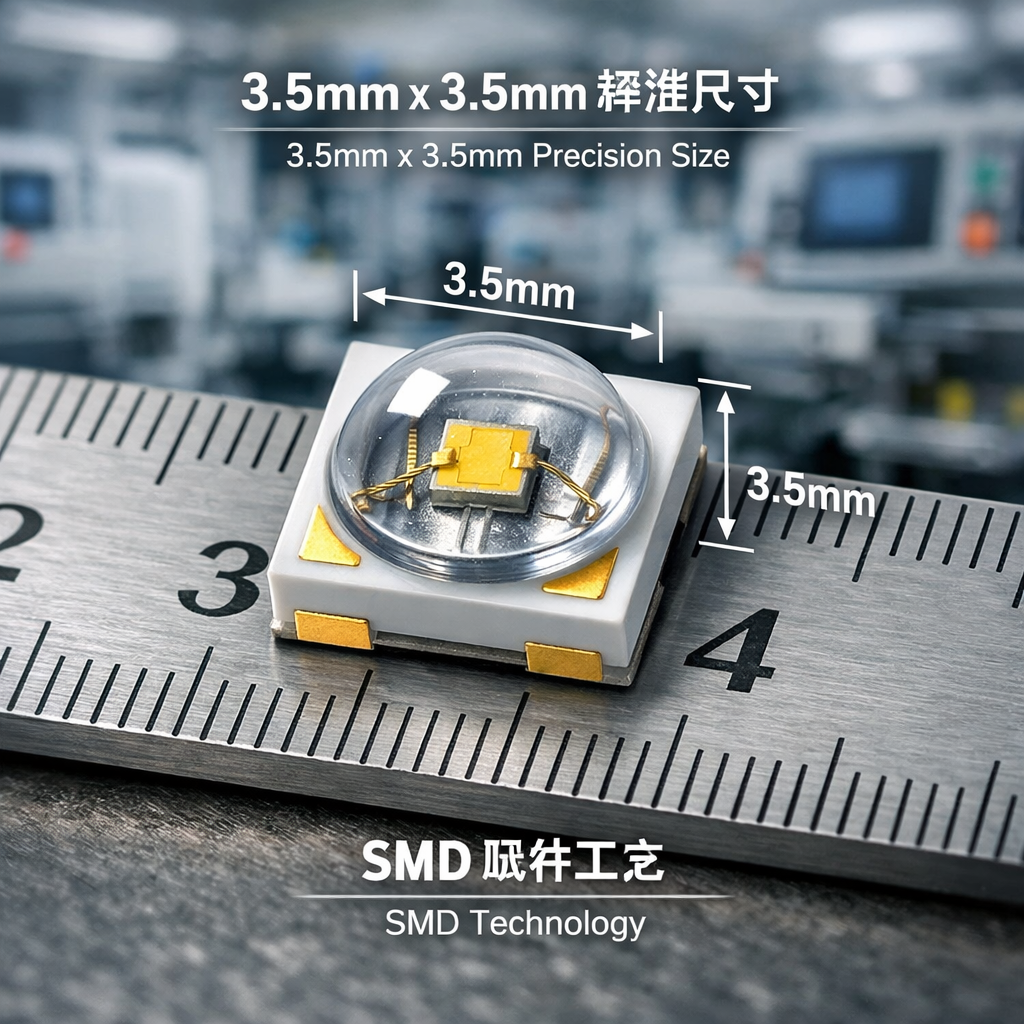 3535 LED灯珠的微距特写，展示其3.5mm x 3.5mm的精准尺寸及SMD贴片工艺，背景是现代化生产车间。