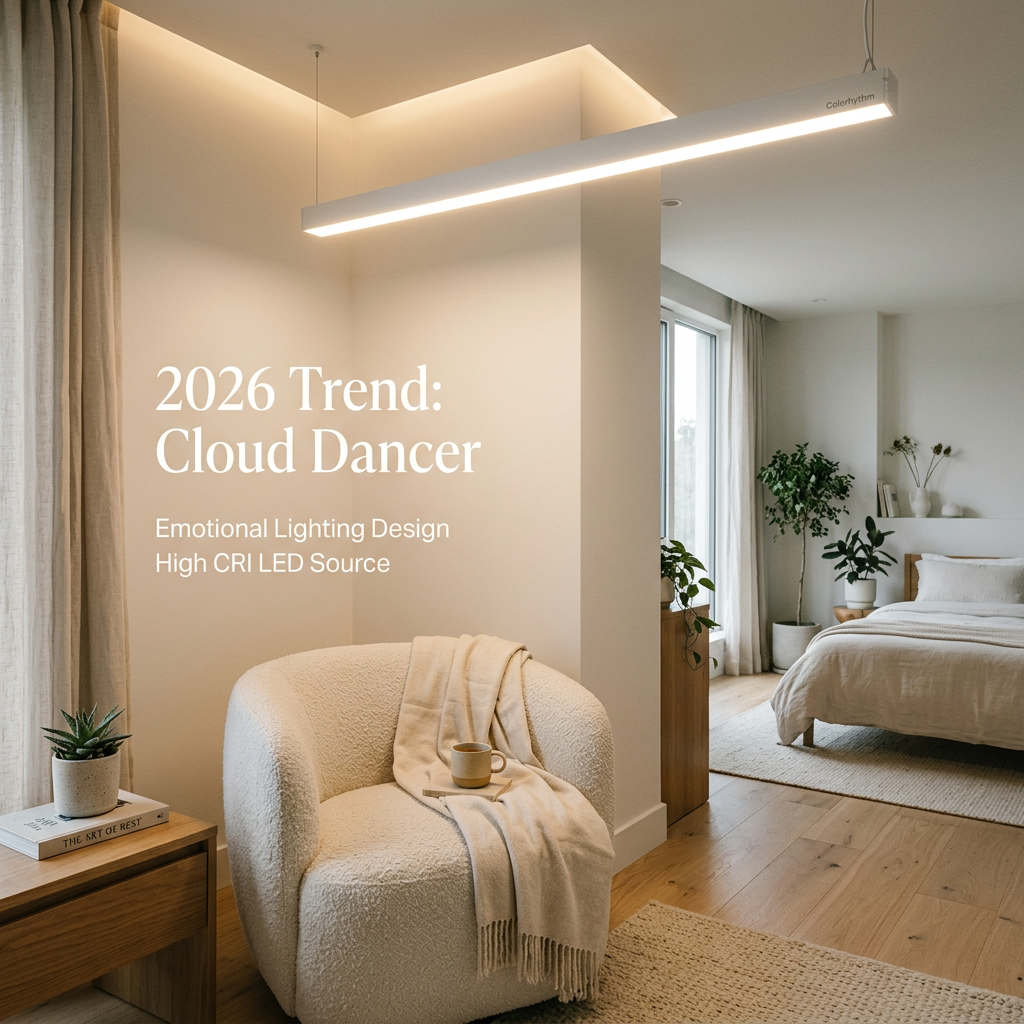 现代卧室或瑜伽室中使用恒彩电子LED灯带，展现2026年流行色Cloud Dancer（云舞者白）的柔和与温馨氛围