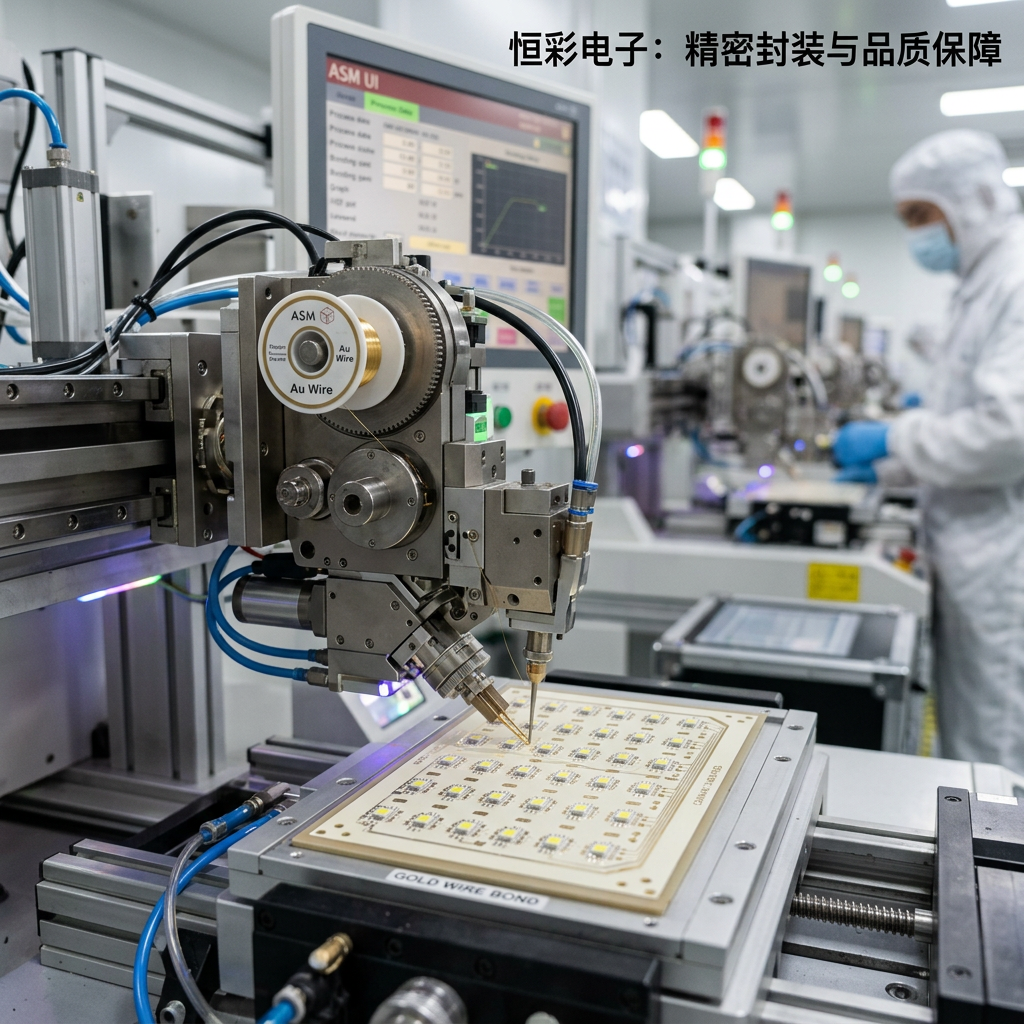 恒彩电子自动化生产线特写，ASM全自动精密焊线机正在洁净车间内为陶瓷底座进行金线键合，展现工业4.0时代的精准封装工艺。图片标注：恒彩电子：精密封装与品质保障。