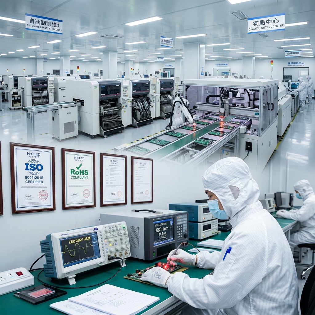 恒彩电子现代化工厂实景图：展示全自动无尘生产车间、高精密检测设备，工程师正在检测灯珠的抗静电和波长稳定性，墙上悬挂ISO9001与RoHS认证。
