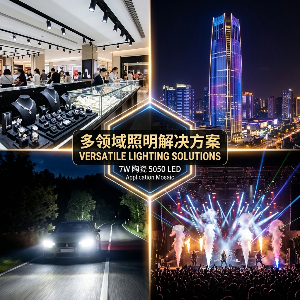 7W陶瓷5050球形光面LED灯珠的多场景应用合成图，涵盖商业照明、户外亮化、汽车车灯和舞台灯光