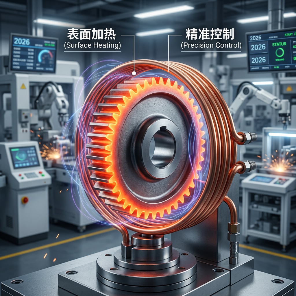 一张工业高频感应加热场景图，精密齿轮表面被加热至橙红色，展示了高频加热的精准表面处理能力和感应线圈与工件的间隙。