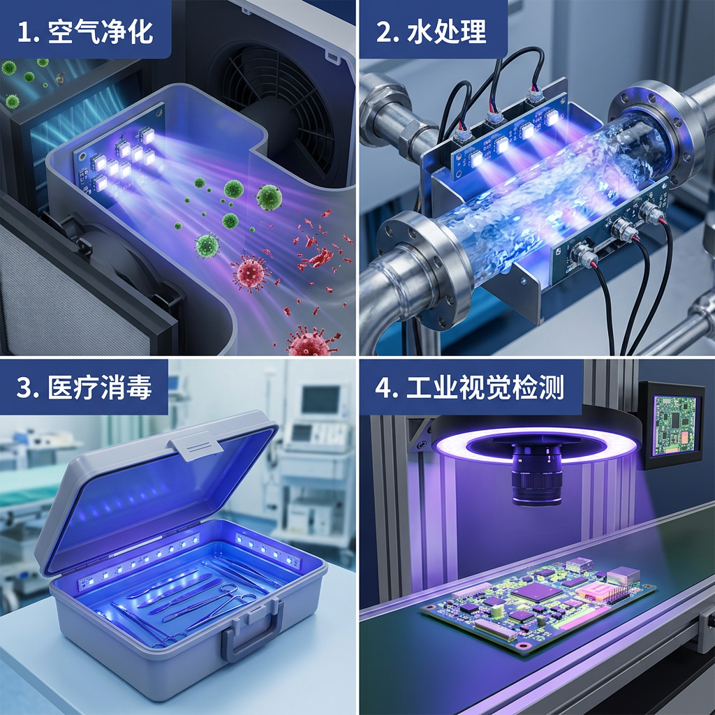 3535 UVC+UVA LED行业应用拼贴：空气净化、水处理、医疗消毒、工业视觉检测
