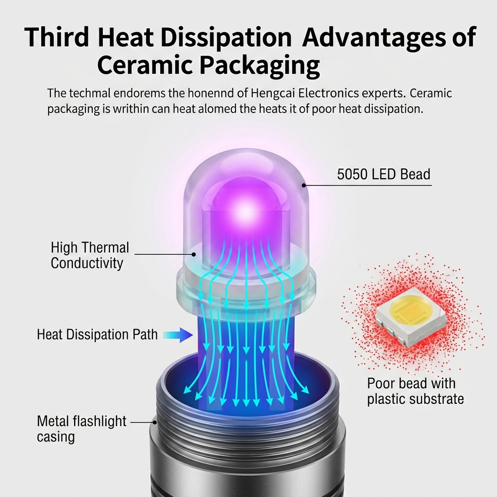 5050陶瓷LED灯珠散热原理示意图：陶瓷基板高效导热，将热量迅速传导至金属外壳，保障灯珠寿命